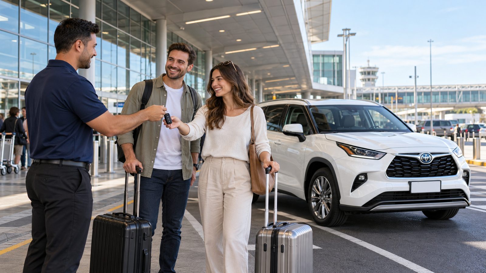 Car rental staff handing keys to travellers at Auckland Airport