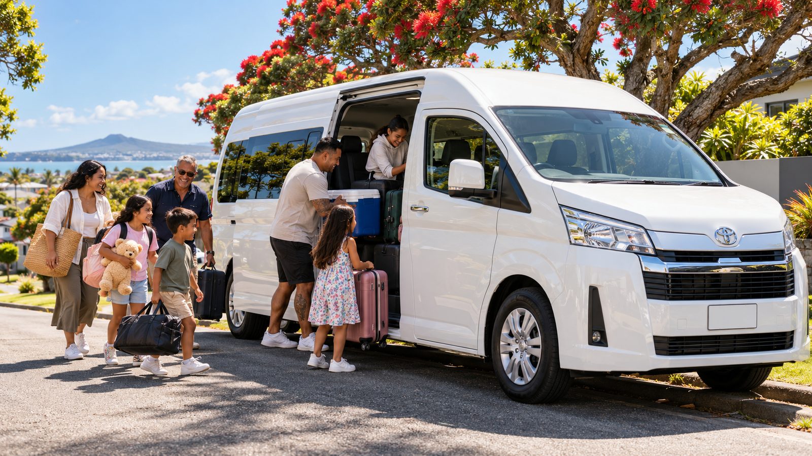 Family loading luggage into a 12-seater van in South Auckland